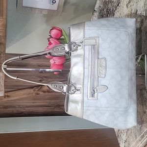 COACH  EUC Grey Signature Jacquard Canvas Shoulder Bag with Leather Trim